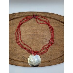 Multi Strand Red Beaded Necklace Mother of Pearl Shell Pendant Boho Beach